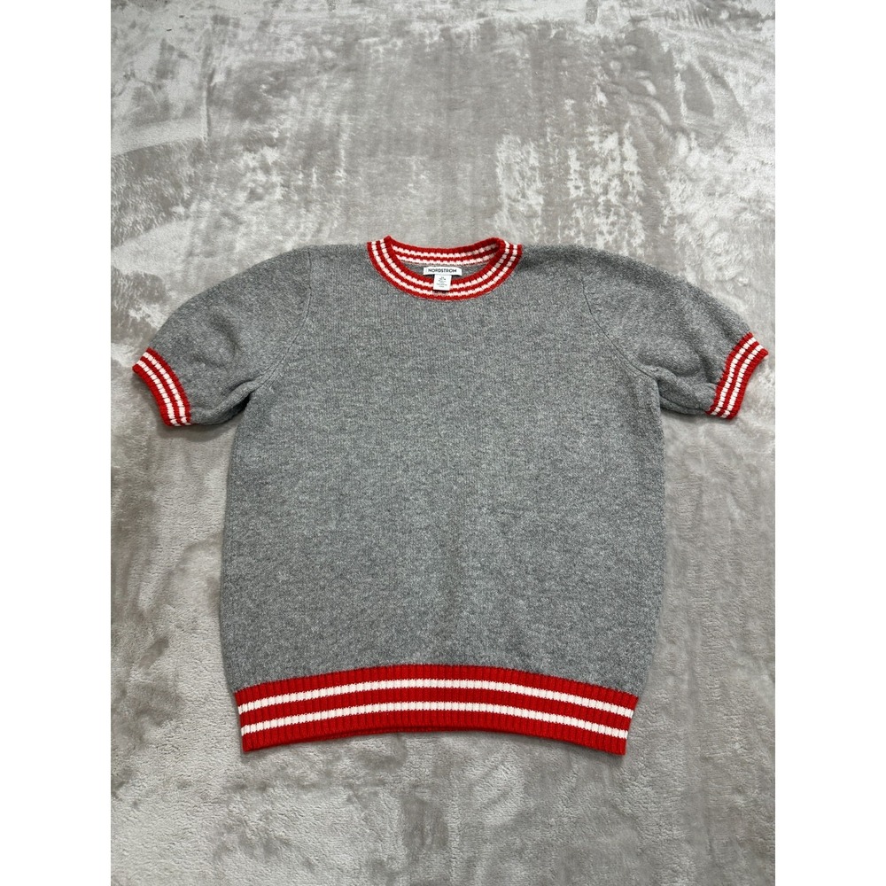 Nordstrom Pullover Sweater Girls Size XL 14/16 Gray Short Sleeve Red Trim EUC
